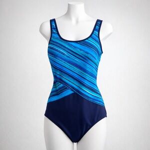 Lands’ End Blue Striped One-Piece Swimsuit Women’s Size 6 Lined